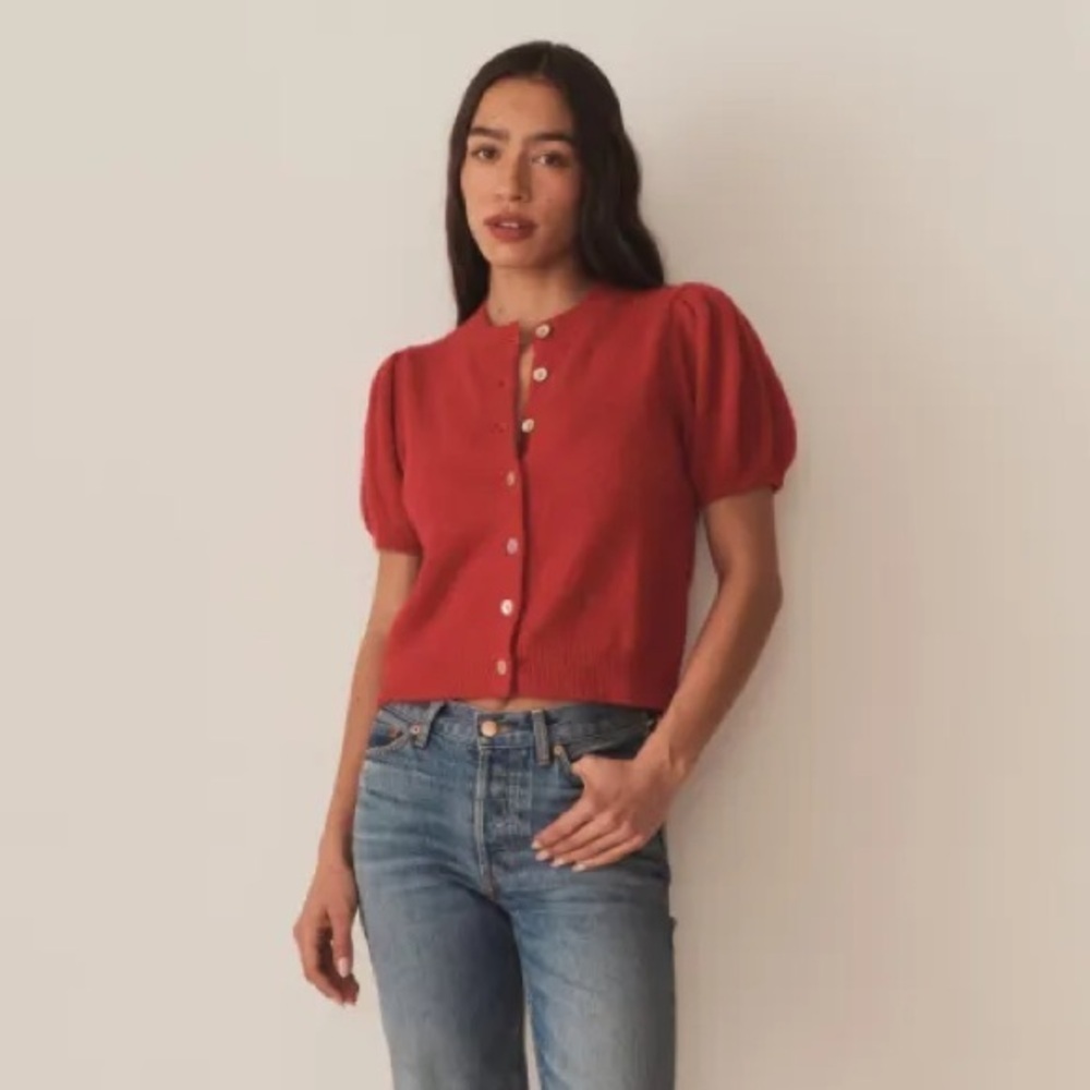 NWT Doen Anisa Wool Alpaca Button Short Puff Sleeve Cardigan Sweater Cerise Red